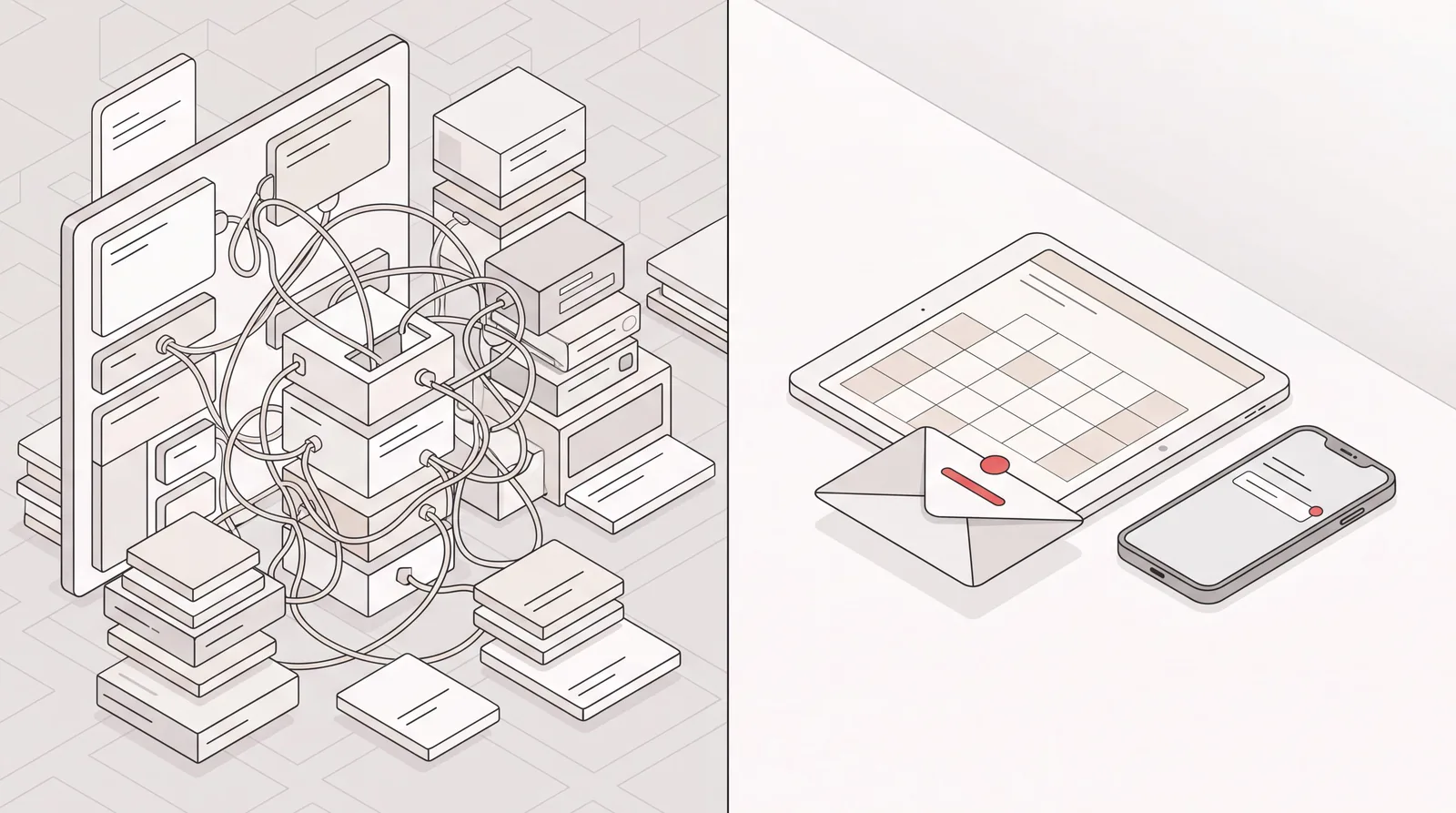 Lindy alternatives concept: a tangled cluttered workflow builder beside a calm tablet calendar, envelope and phone