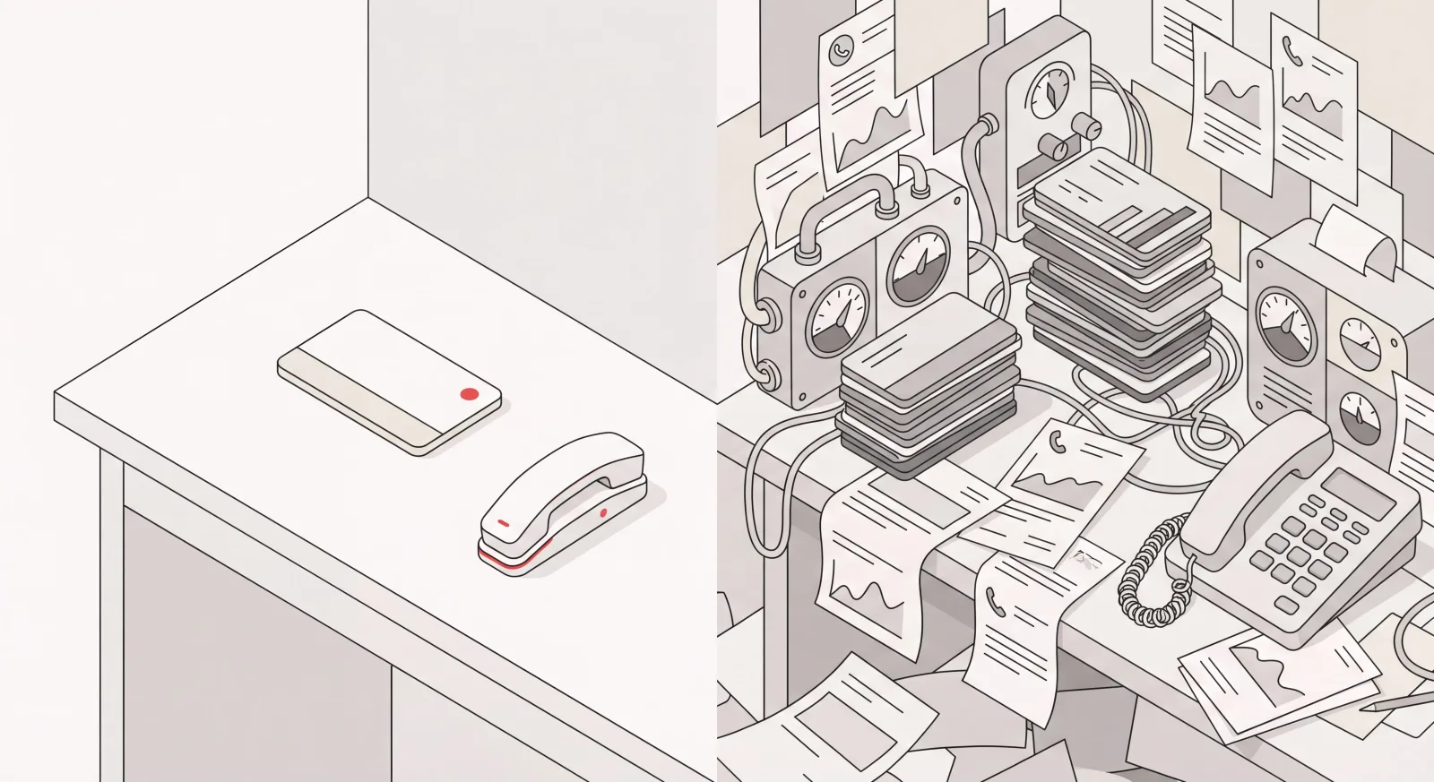 Lindy AI pricing compared: one flat subscription card with a phone beside a cluttered desk of credit meters and billing receipts