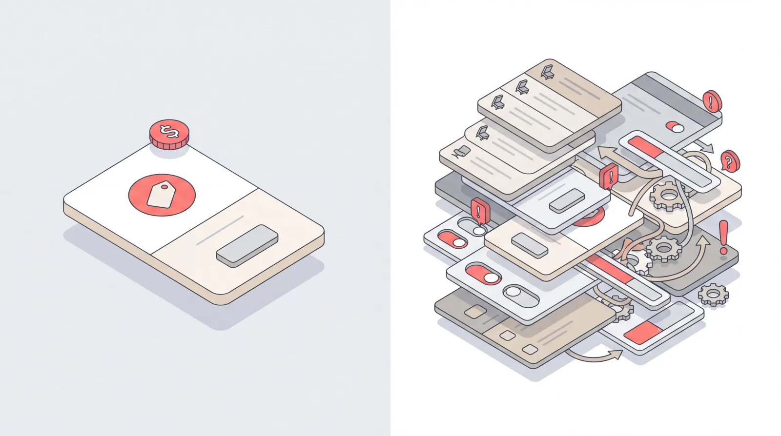 Two isometric pricing cards: one simple flat-price card beside a cluttered stack of tiered Motion seat plans