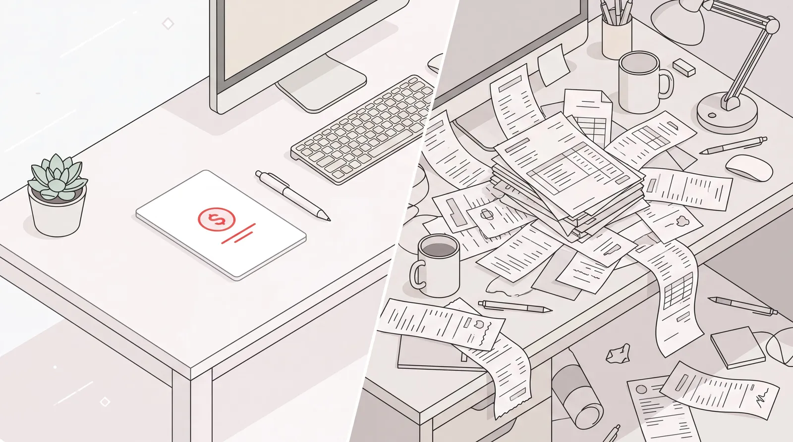 Split desk scene on Navan pricing: one calm invoice on a tidy desk beside a cluttered pile of expense receipts
