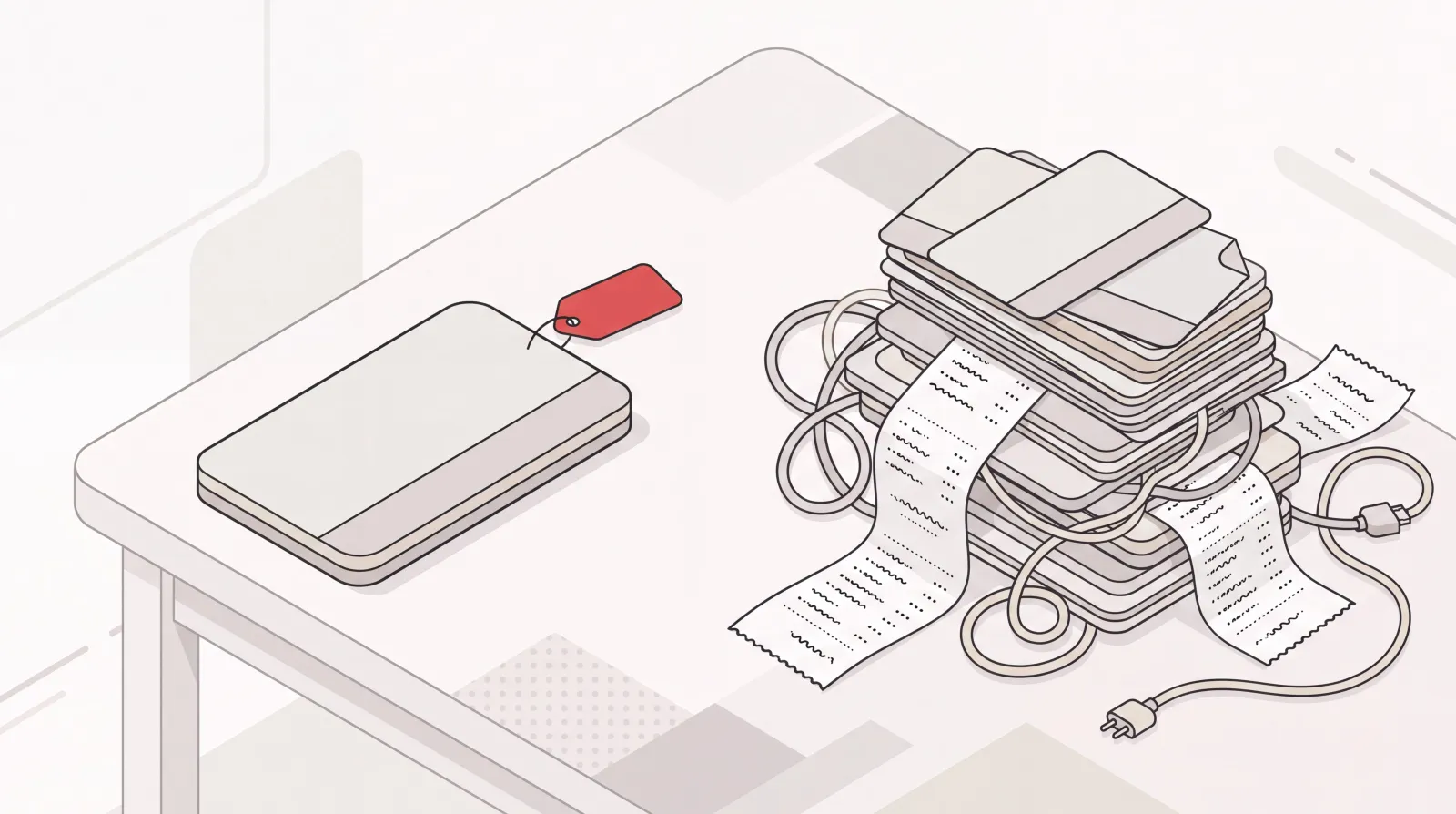 Isometric illustration comparing a simple flat-rate plan card with a cluttered stack of per-seat pricing tiers