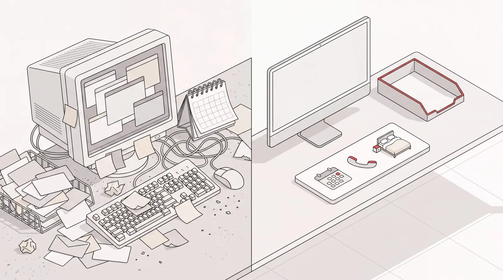 Superhuman alternatives concept: a cluttered dated desk beside a calm empty inbox tray and a finished task card