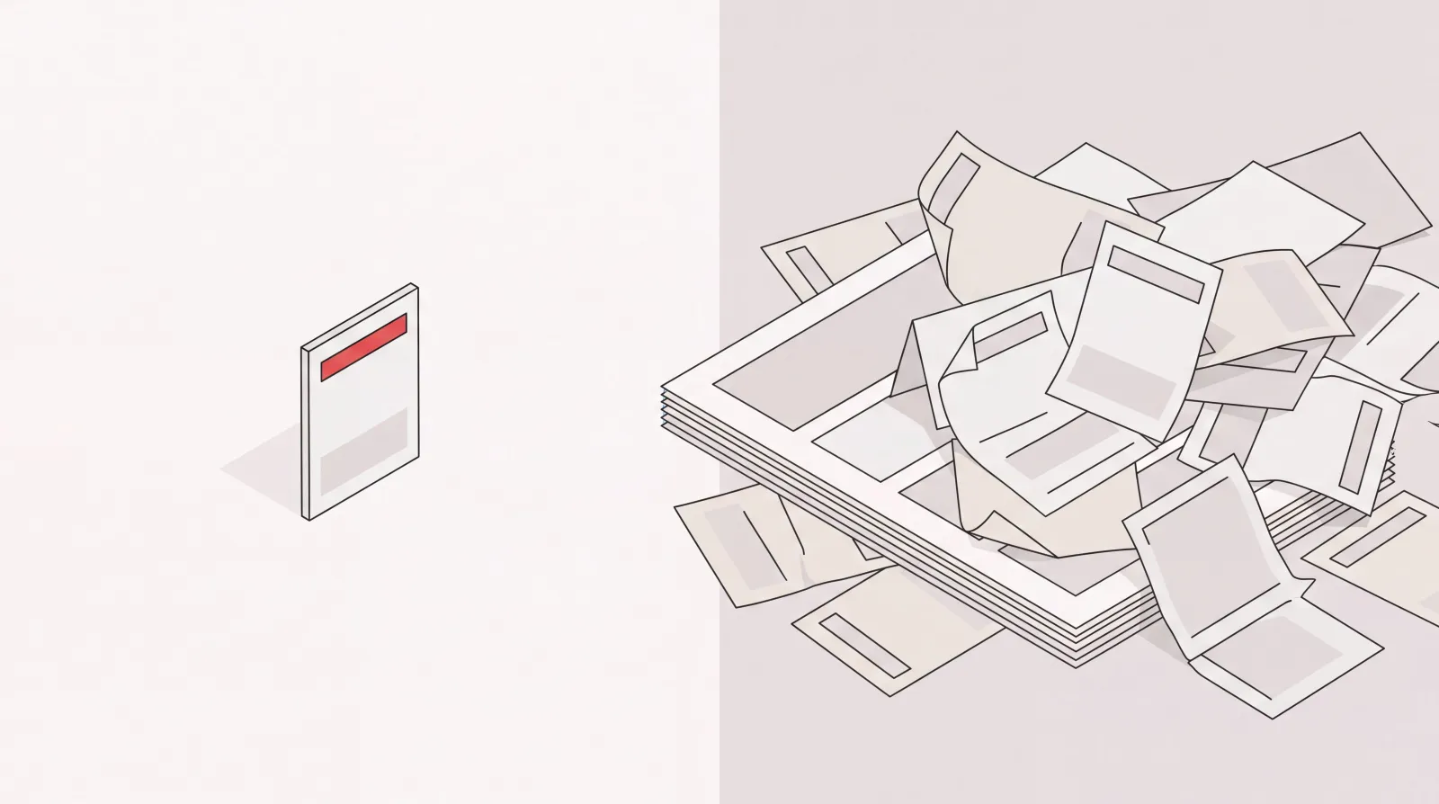 One clean pricing card with a red accent beside a messy pile of overlapping plan sheets, comparing Superhuman pricing