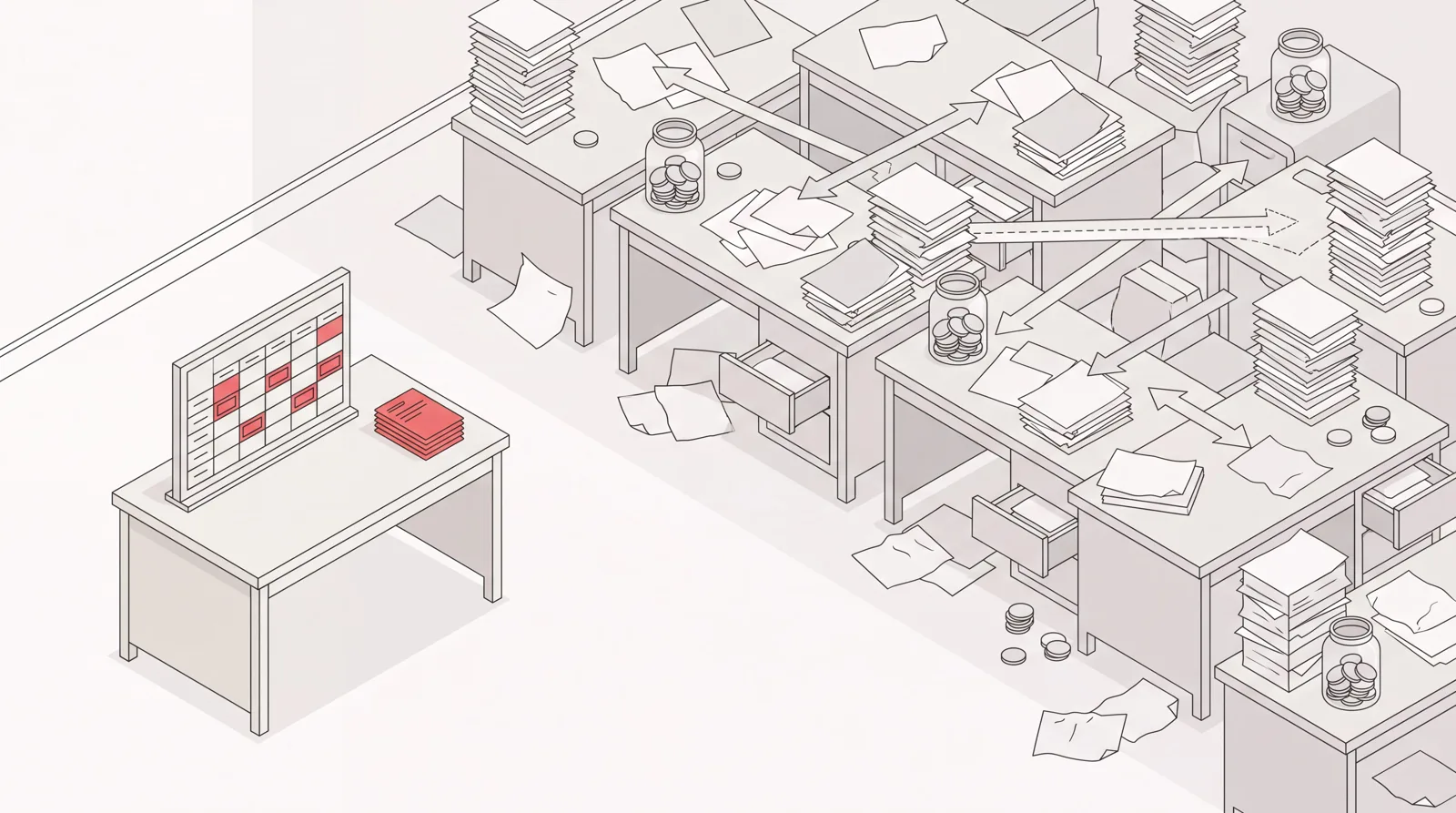 Isometric scene contrasting one calm desk with a tidy schedule against a cluttered room of VA company desks and paperwork