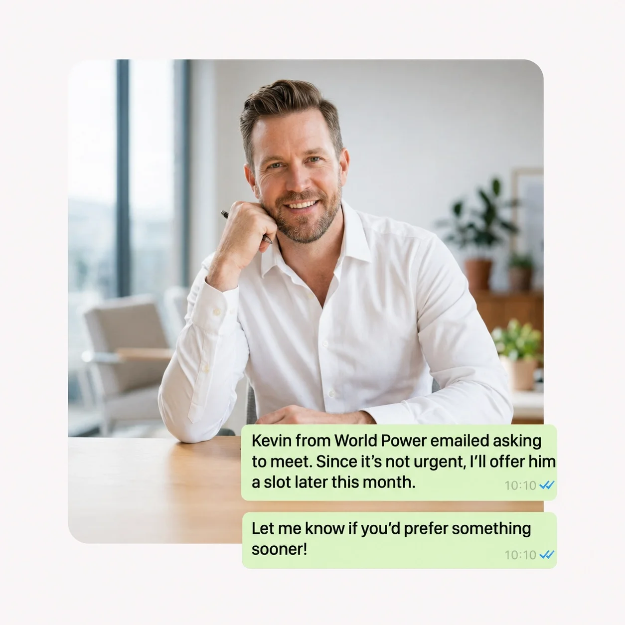Professional using Catch AI assistant to schedule meetings via WhatsApp